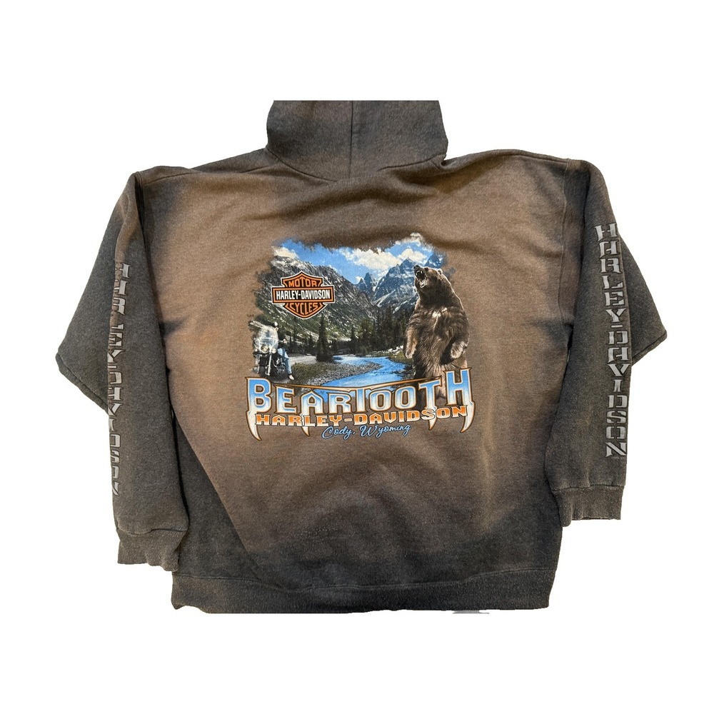 Harley-Davidson Hoodie‎ Mens LG Gray Beartooth Cody WY Bear Sick Nature Hit Y2K